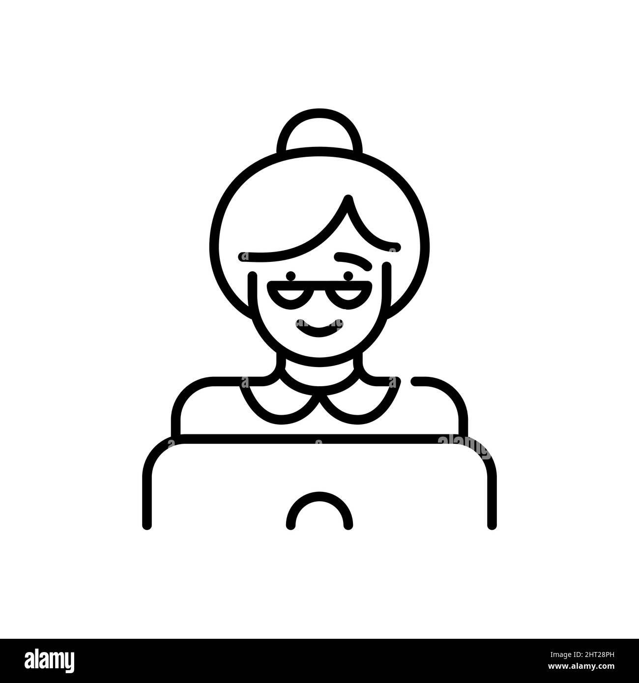 Grand-mère portant des lunettes sur un ordinateur portable pour surfer sur Internet ou discuter. Femme adulte senior. Pixel Perfect, icône de contour modifiable Illustration de Vecteur