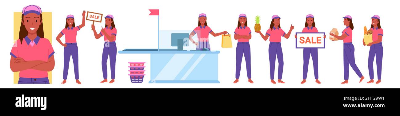 Une employée de supermarché ou de magasin dans un poste de travail, une femme en uniforme accueille les gens Illustration de Vecteur Une employée de supermarché ou de magasin dans un poste de travail, une femme en uniforme accueille les gens Illustration de Vecteur