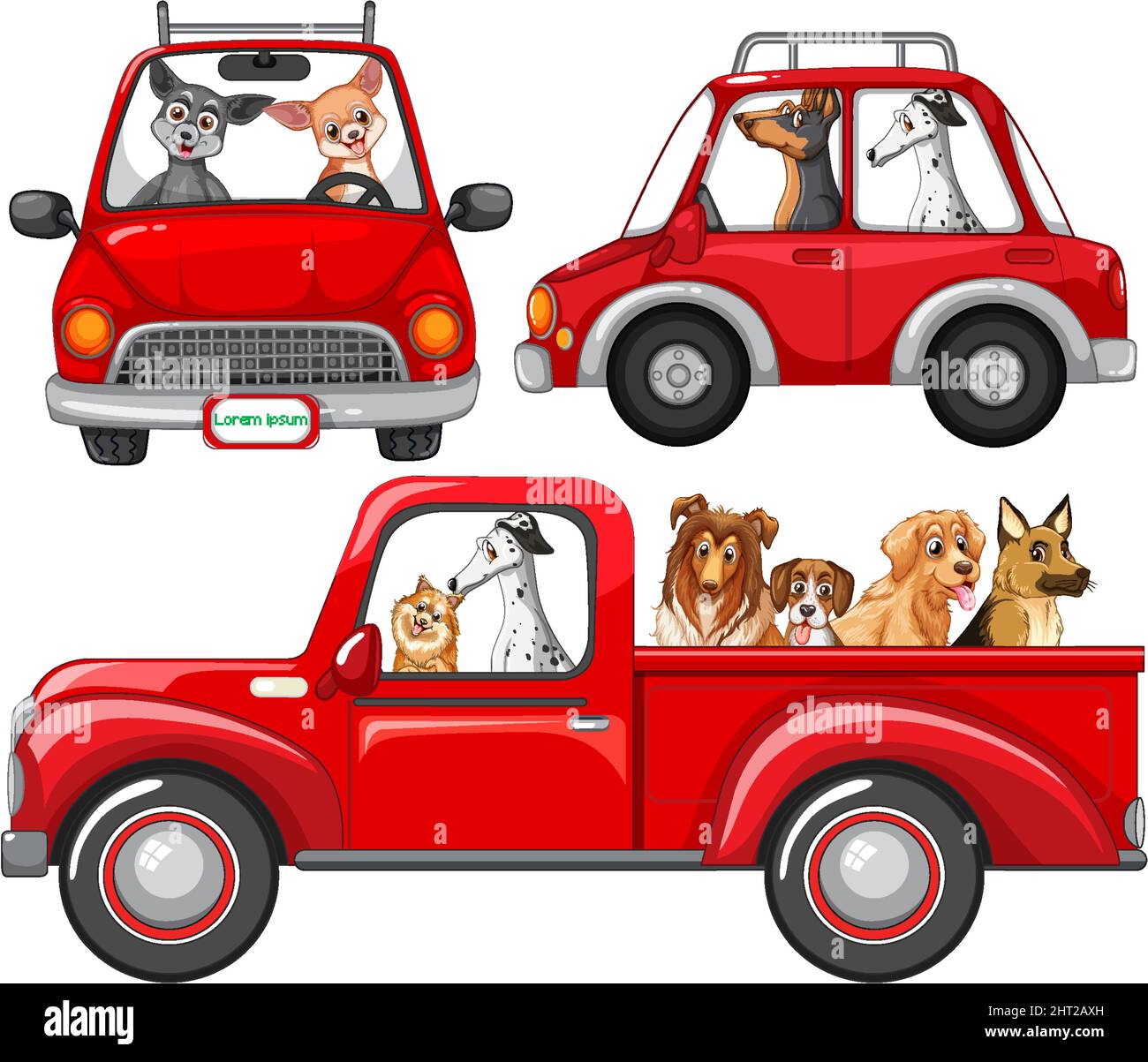 Jeu de chiens roulant dans l'illustration rouge de voiture Illustration de Vecteur