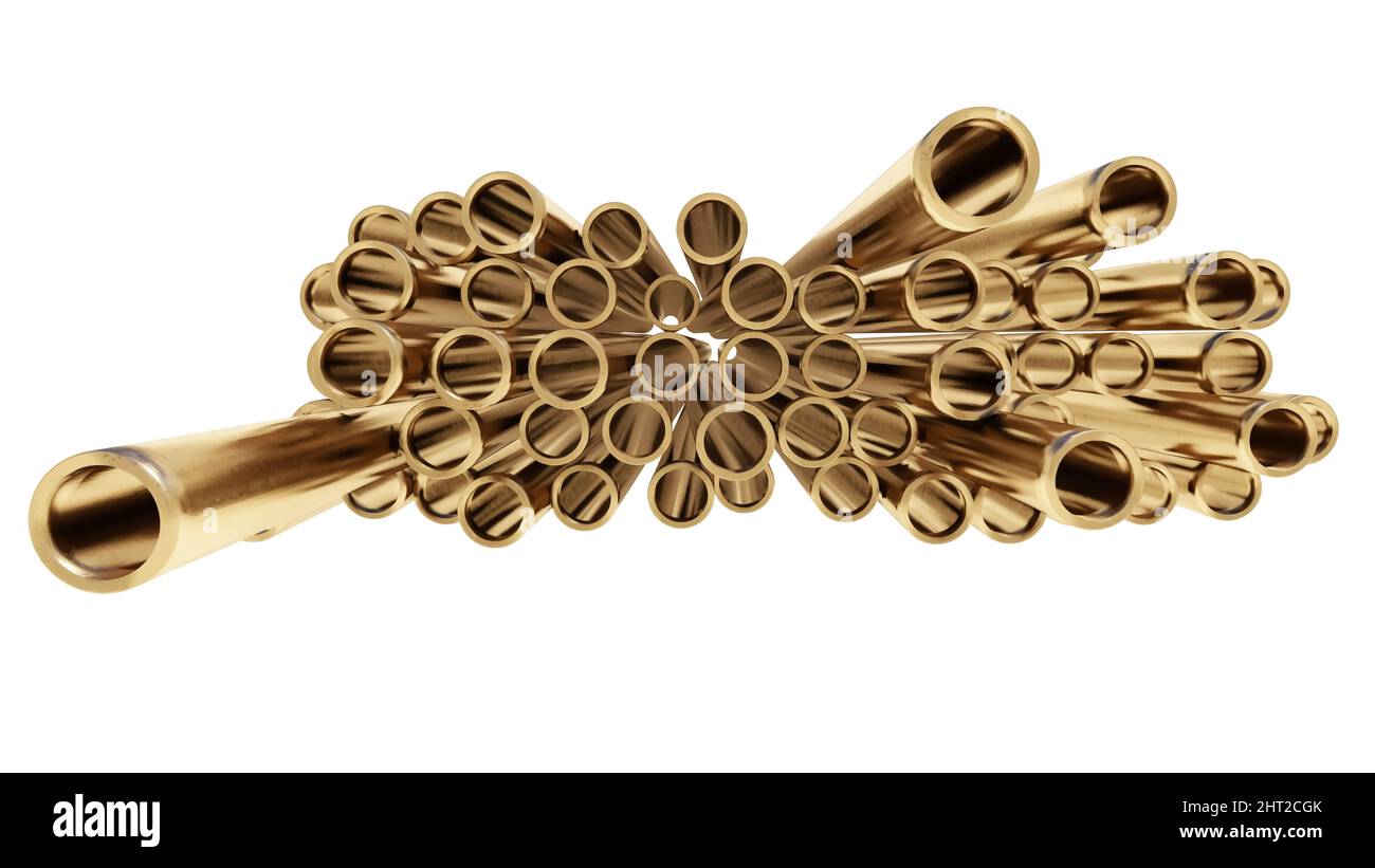 Arrière-plan des tuyaux bronze laiton métal 3D image forme ronde de la goulotte d'ingénierie profil Banque D'Images