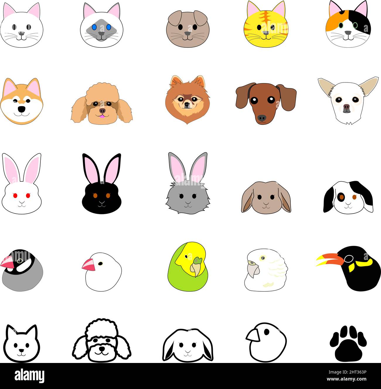 Collection de têtes d'animaux; lapins, chats, chiens et oiseaux Banque D'Images