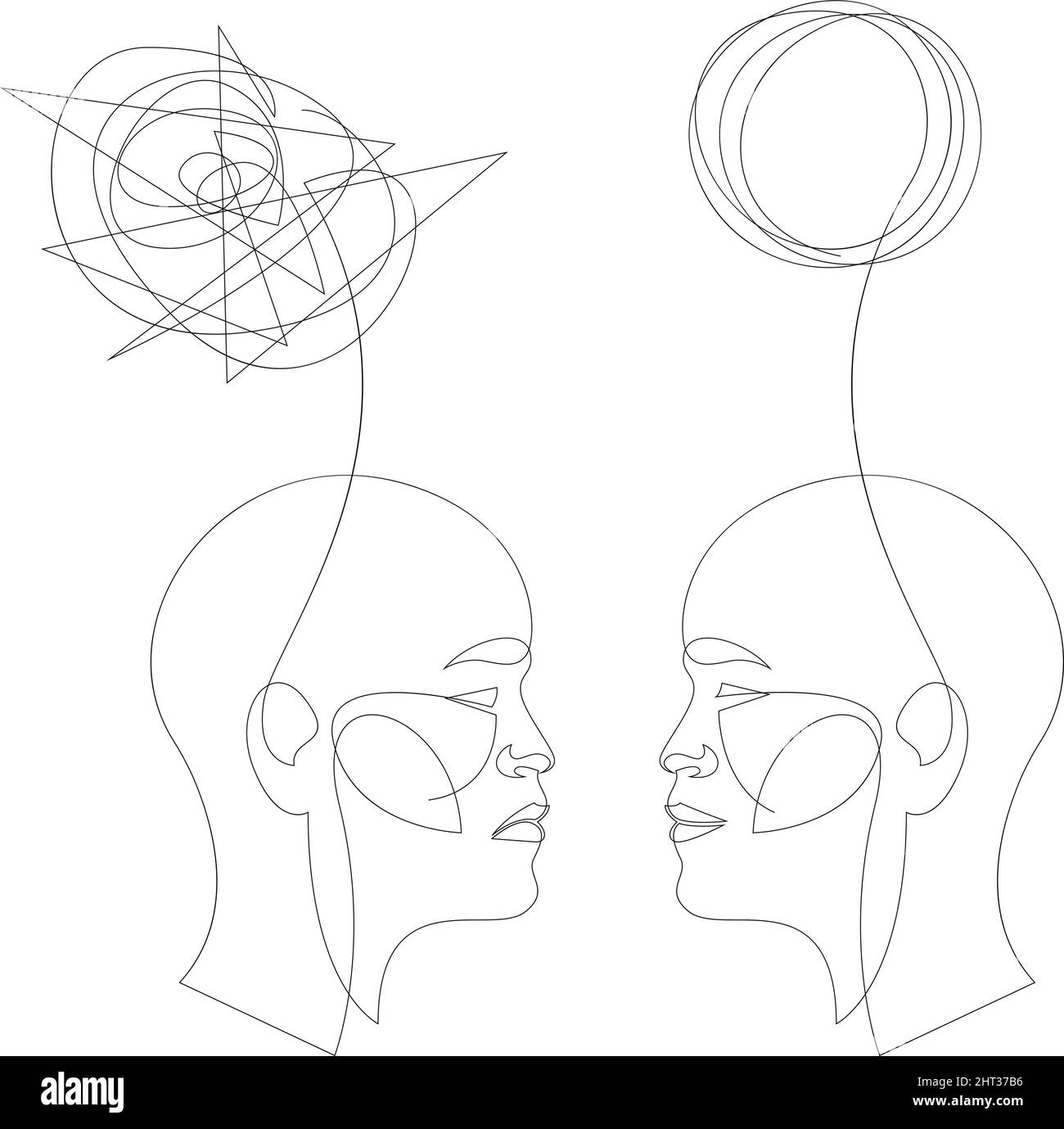 Deux têtes humaines avec des cerveaux grands et petits et des pensées confuses dans un style d'art de ligne. Illustration de mise en plan continue. Vecteur linéaire abstrait pour méd Illustration de Vecteur