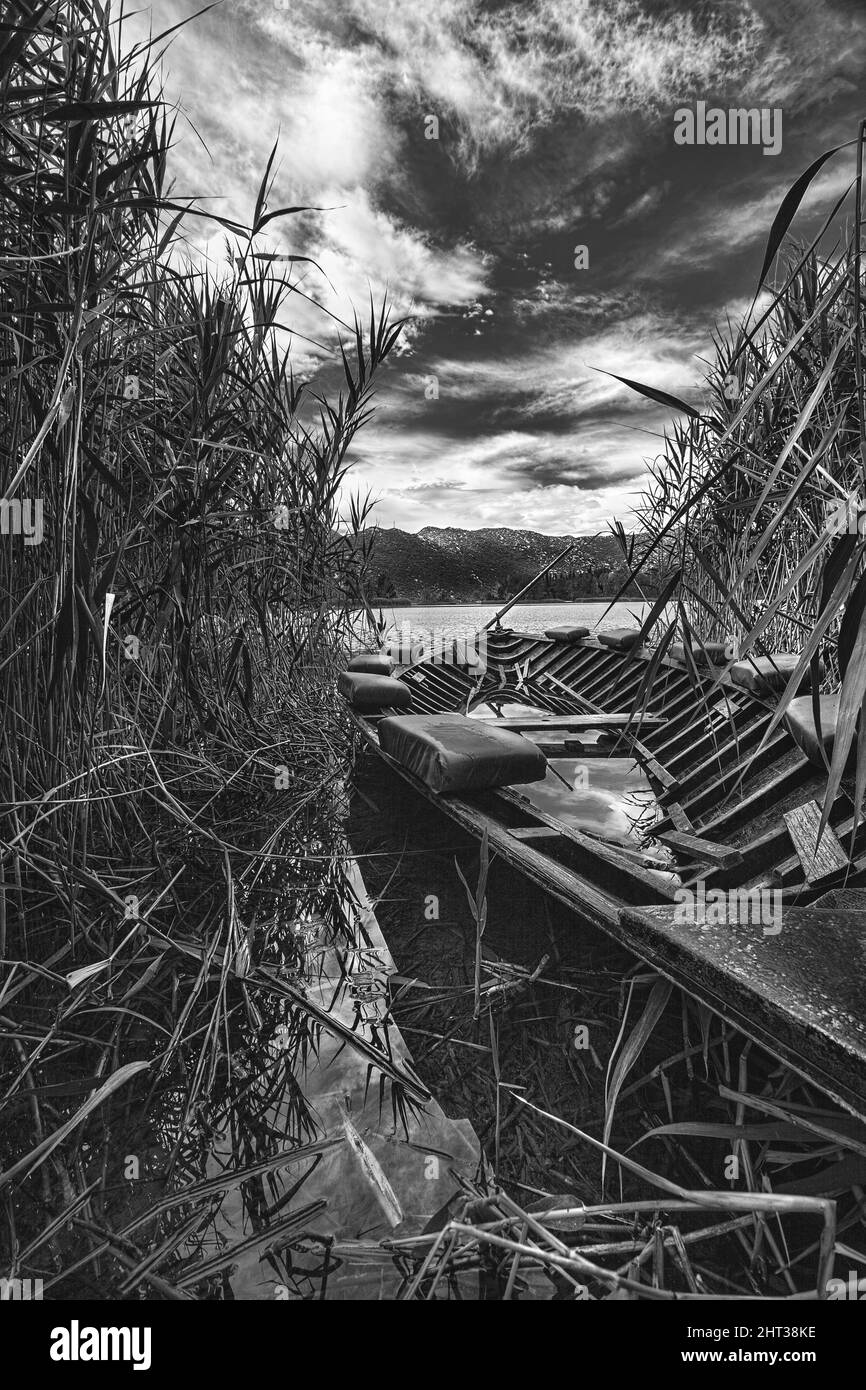 Prise de vue verticale en niveaux de gris d'un bateau cassé sur le littoral Banque D'Images