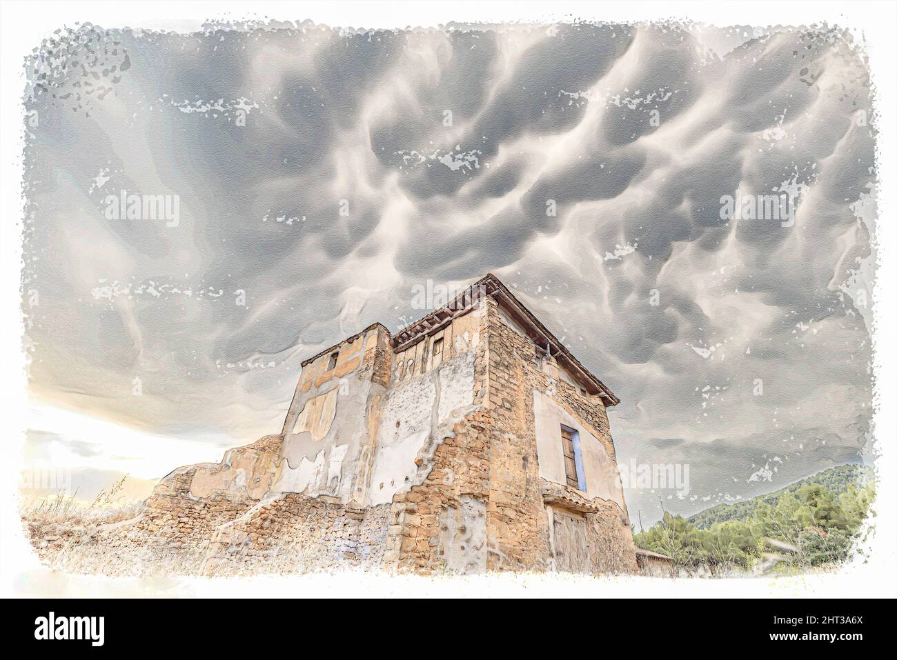 Nuages et cumulus dans le ciel orageux avec maison abandonnée dans la campagne, sombre Banque D'Images