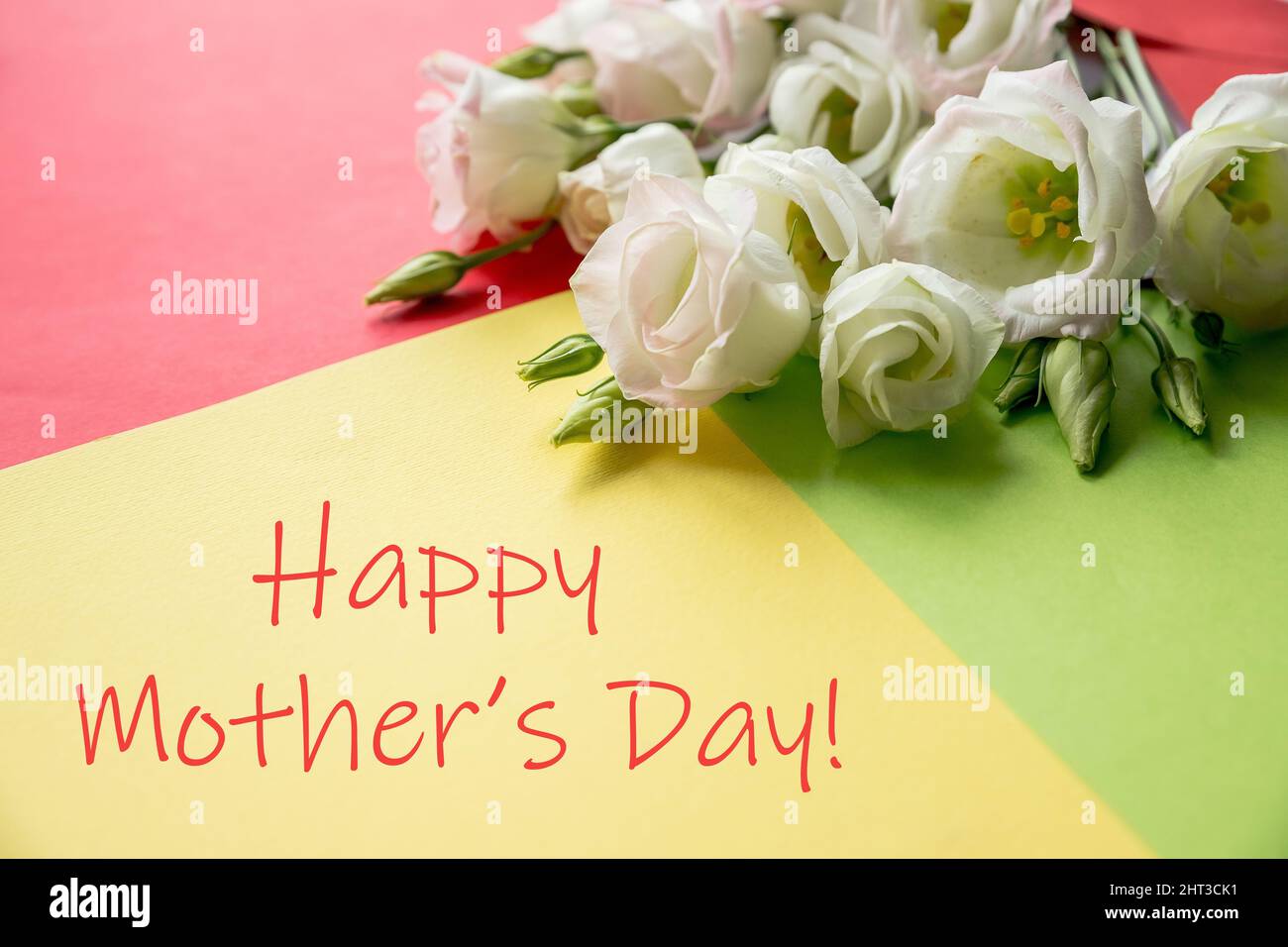 Fête des mères concept. Fleurs d'eustoma blanc sur fond jaune. Carte de vœux pour les femmes ou la Fête des mères. Flat Lay, vue de dessus. Motif floral élégant Banque D'Images