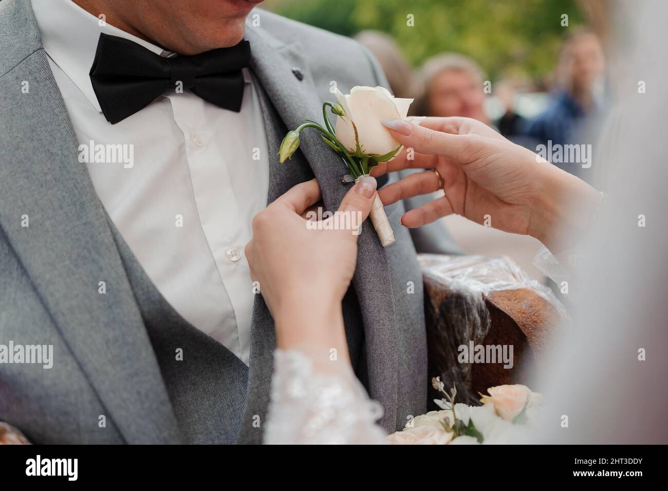 Boutonnière sur la veste du marié. Fleur sur la veste d'un homme Banque D'Images