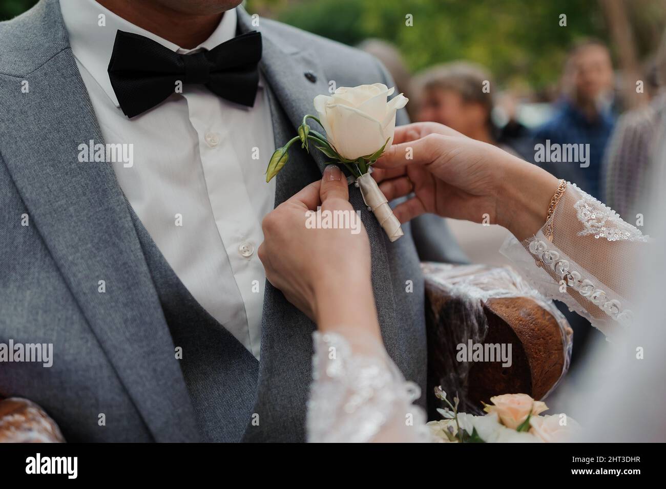 Boutonnière sur la veste du marié. Fleur sur la veste d'un homme Banque D'Images