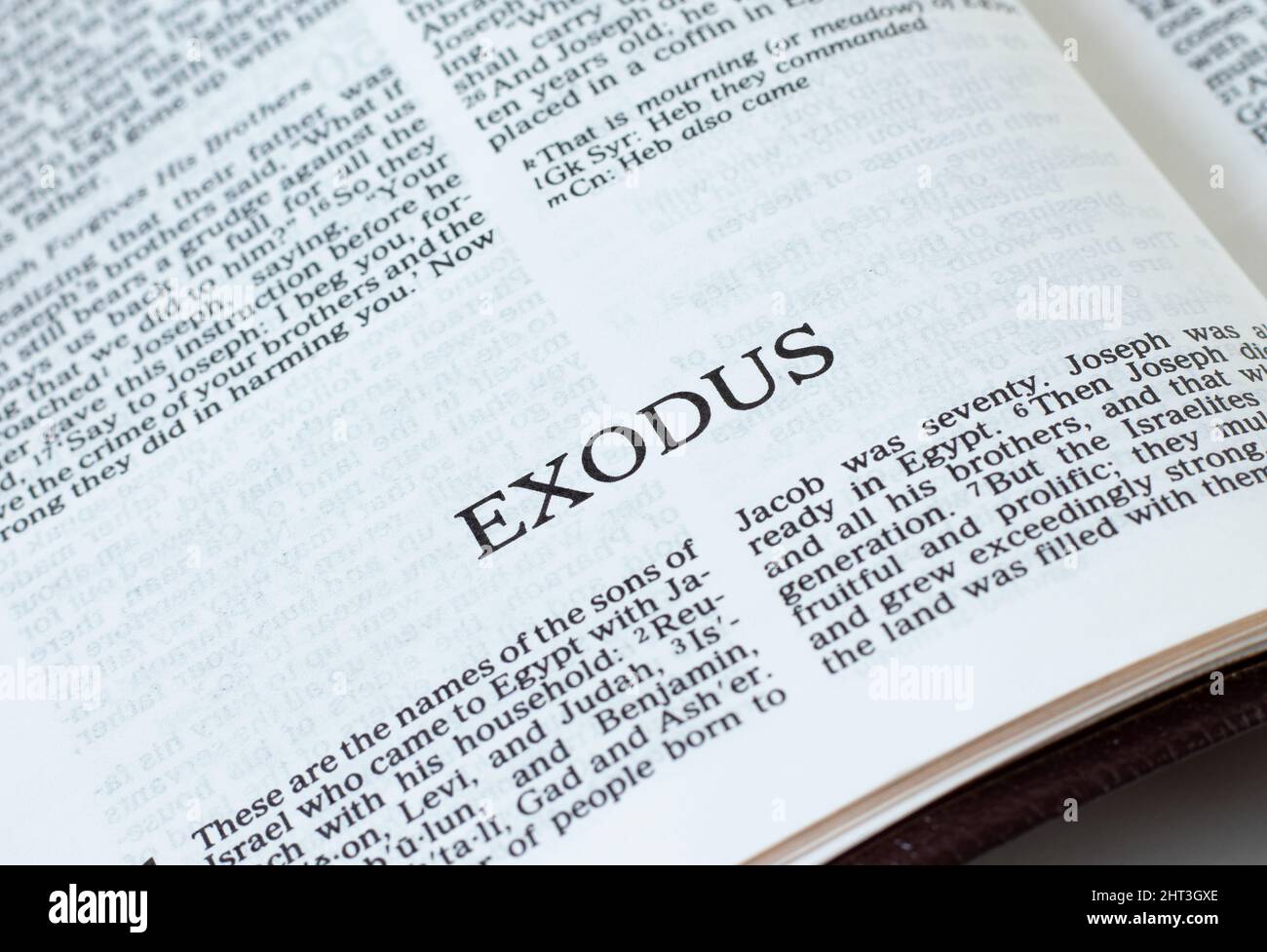 Exode ouvert Livre de la Bible Sainte gros plan. Ecriture de l'ancien Testament. Étudier la parole de Dieu Jésus Christ. Concept biblique chrétien de la libération. Banque D'Images