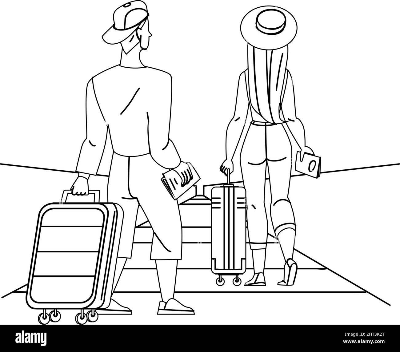 Les voyageurs traînent leurs bagages sur l'escalier roulant de l'aéroport Illustration de Vecteur