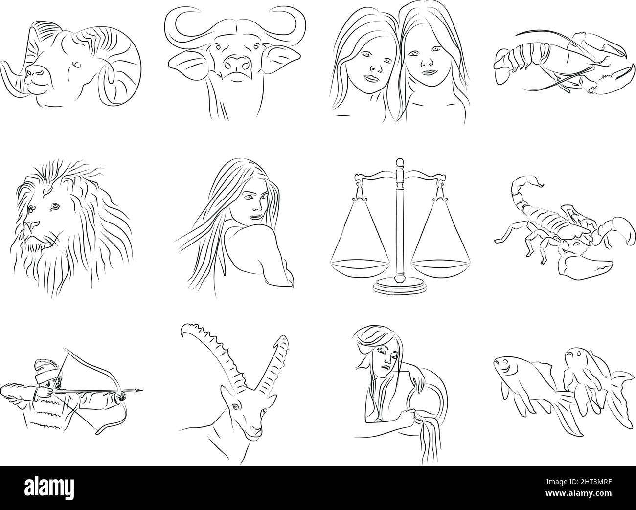 Un ensemble d'icônes des signes du zodiaque dans une interprétation libre du style de l'auteur. Icônes vectorielles stylisées dessinées avec des traits de lignes de differe Illustration de Vecteur