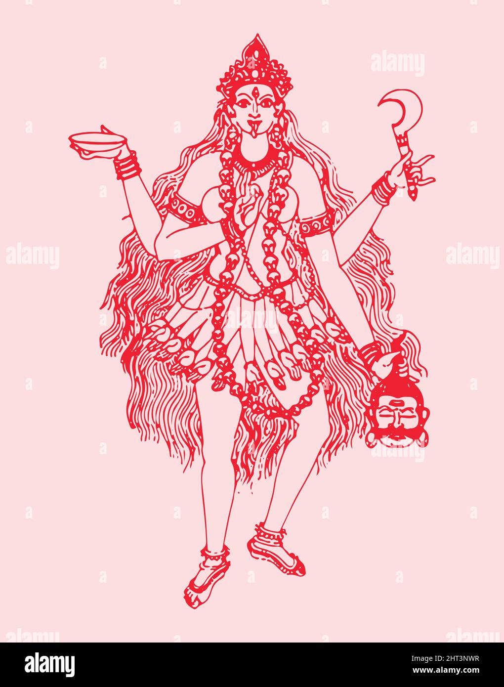 Dessin ou croquis de la déesse hindoue Durga ou Kali Mata (illustration modifiable en grandes lignes) Banque D'Images