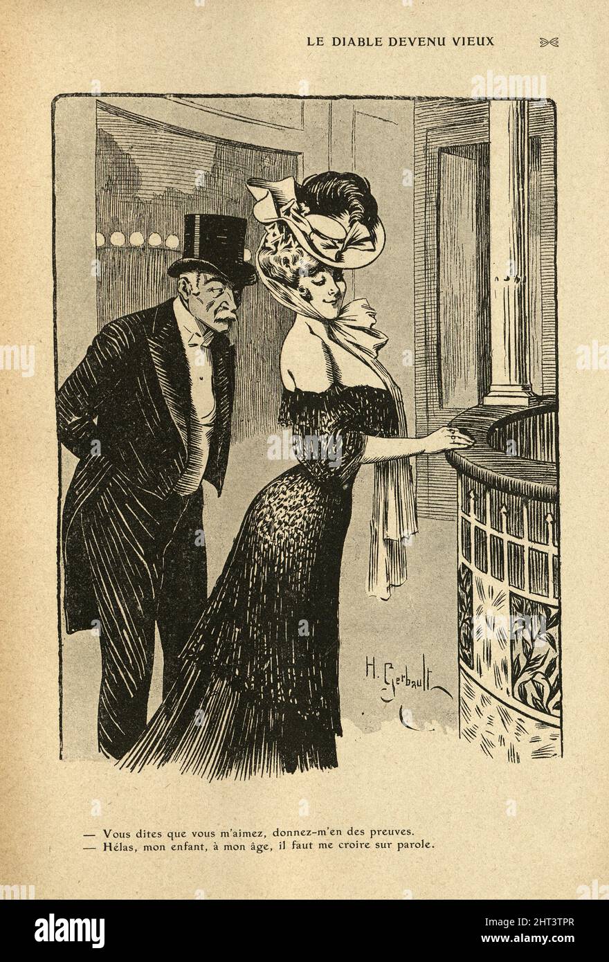 Dessin animé français vintage par Henri Gerbault, vieil homme flirtant avec la belle femme, 1900s. Le diable est devenu vieux… Vous dites que vous m'aimez, donnez-moi la preuve de cela. Banque D'Images