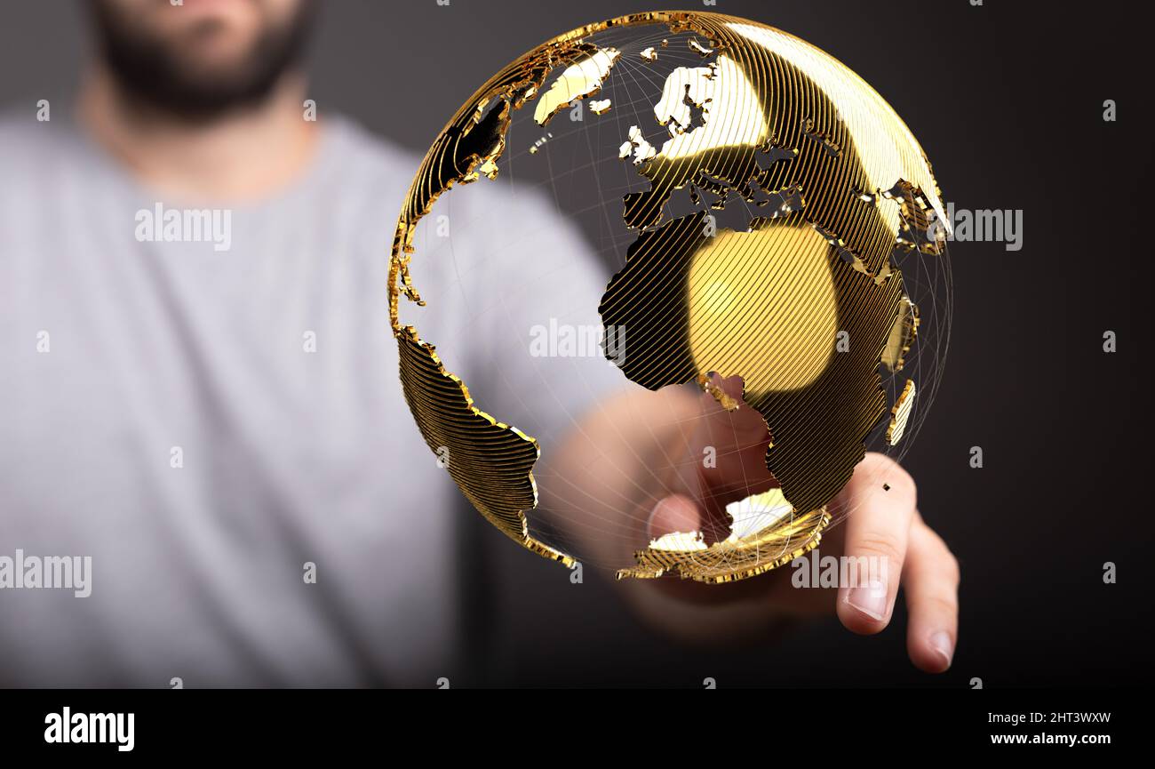 3D rendu d'un globe en arrière-plan d'un homme. Banque D'Images