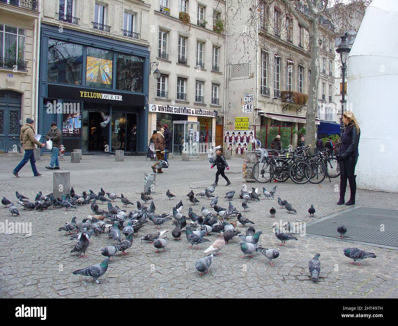 Pigeons dans les rues de Paris, gamin passant par les pigeons. Vêtements vintage et accessoires boutique vitrine à Paris. Pigeons urbains. Banque D'Images