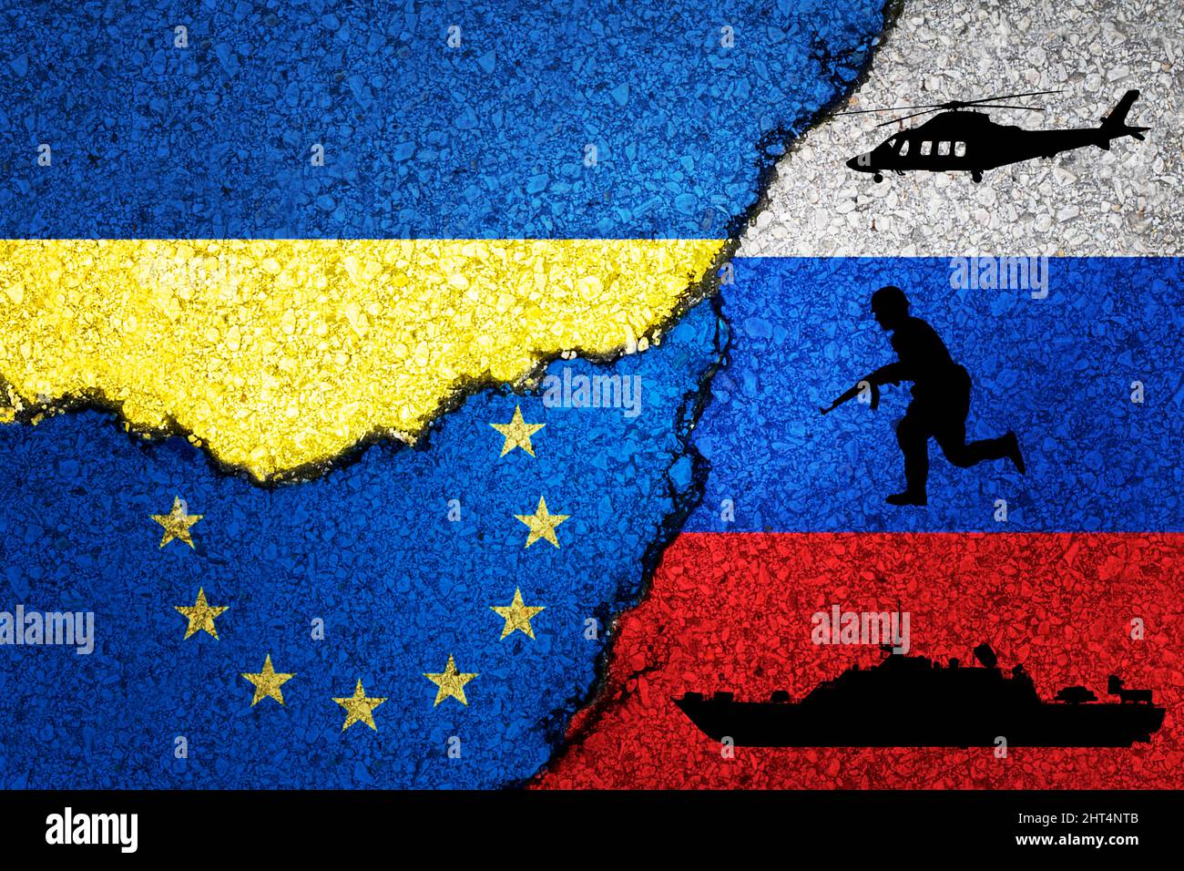 Russie, Ukraine et europe l'OTAN a peint des drapeaux sur un mur avec un crack , concept de fond de guerre Banque D'Images