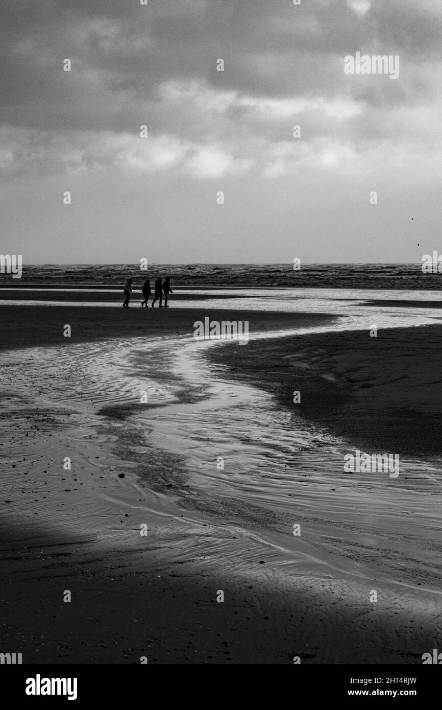 Prise de vue en niveaux de gris du Camber Sands entouré par la mer à Rye, Angleterre, Royaume-Uni Banque D'Images
