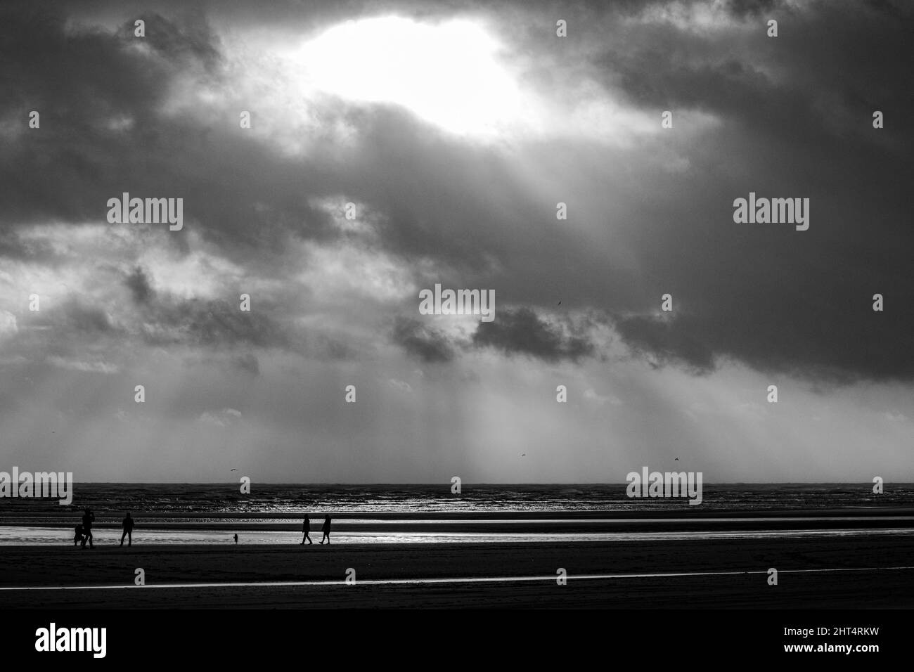 Prise de vue en niveaux de gris du Camber Sands entouré par la mer à Rye, Angleterre, Royaume-Uni Banque D'Images