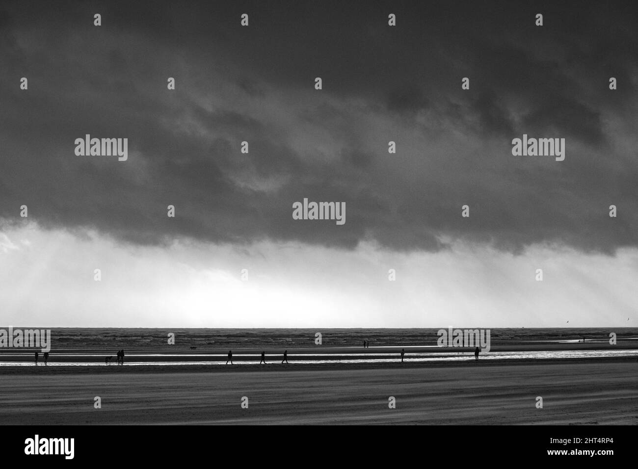 Prise de vue en niveaux de gris du Camber Sands entouré par la mer à Rye, Angleterre, Royaume-Uni Banque D'Images