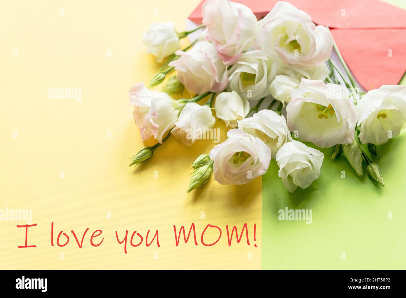 Joyeux cadeau de fête des mères avec fleurs roses dans une enveloppe pour les vacances sur fond jaune.carte de vœux avec fleurs d'eustoma blanches Banque D'Images