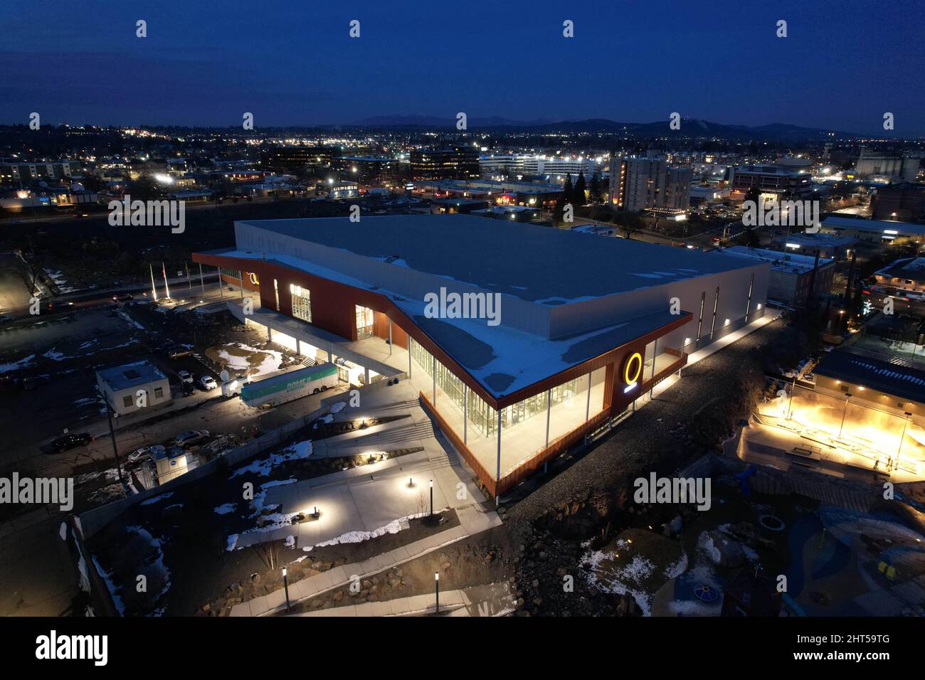 Une vue aérienne du Podium, le site des Championnats d'athlétisme en salle des États-Unis, le samedi 26 février 2022, à Spokane, Lavage Banque D'Images