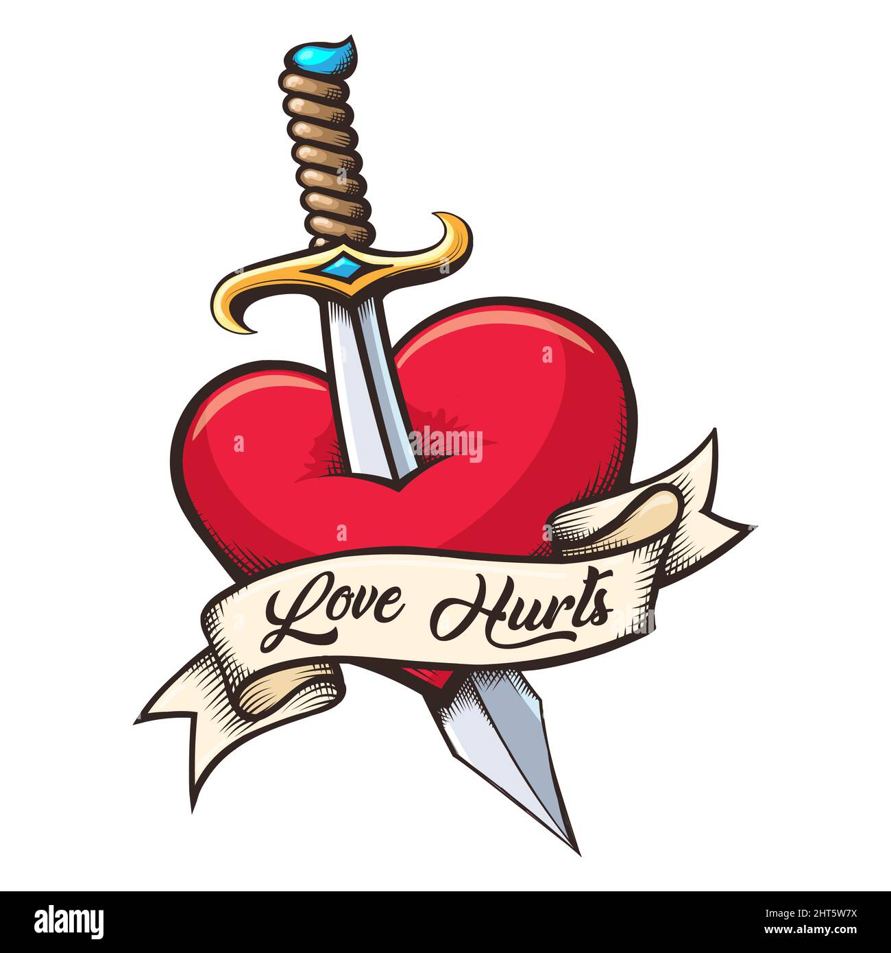 Tatouage coloré de coeur percé par Dagger et ruban avec l'intitulé Love Hurts. Illustration vectorielle. Illustration de Vecteur
