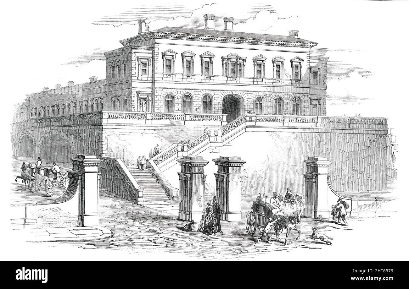 Nouvelle gare dans la rue Tithebarn, Liverpool, 1850. « La nouvelle station... formera un terminus pour trois lignes distinctes. Le Lancashire et le Yorkshire transporteront le trafic des deux circonscriptions; l'est du Lancashire mènera les affaires de cette circonscription du comté dont il porte le nom; Et le Liverpool et Southport, qui seront fusionnés avec le premier chemin de fer, ouvrira la circulation à Bootle et Waterloo... les bureaux de réservation et les salles d'attente sont dans un beau bâtiment en pierre, dans le style italien de l'architecture, ayant une façade... de 117 pieds... la gare va Banque D'Images