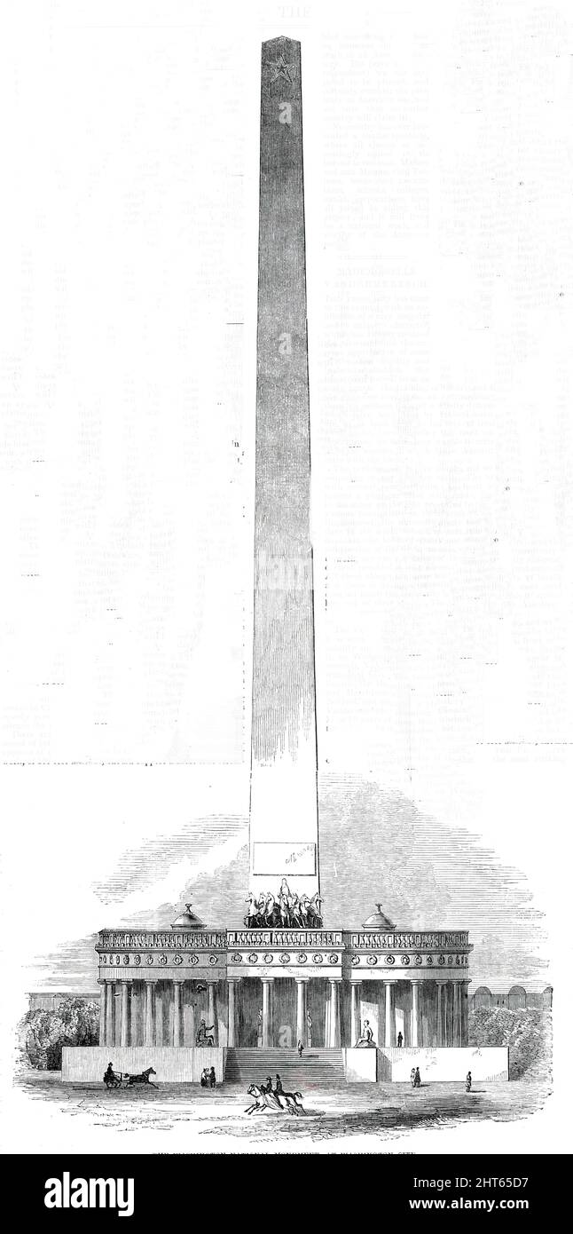 Le Washington National Monument, à Washington City, 1850. Plan proposé par Robert Mills. '...un obelisk...intended pour être six cent pieds de haut! Cela dépassera... n'importe quel clocher ou monument dans le monde... le sommet de ce noble monument est à atteindre par des vols de marches de fer... la structure circulaire... est destinée à servir de mausolée des illustres morts... ce désir de rendre hommage au père de son pays est universel, Et s'est étendu même à l'Indien. La nation Chocktaw... prépare une pierre avec une inscription appropriée... il y a quelques personnes... admises à être possédées de b Banque D'Images