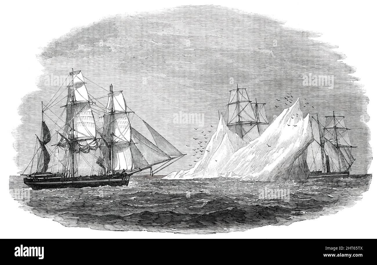 Expédition arctique à la recherche de Sir John Franklin - première Iceberg vue, 3 juin 1850. Croquis par '... un lieutenant de l'assistance... l'iceberg était d'environ 70 pieds de hauteur... pendant la nuit, tout en étant couché à l'ancre, l'équipage a souvent entendu le rapport des icebergs se fendre, avec le bruit d'un tremblement de terre... extrait d'une lettre privée, écrite par un officier de l'avance de brig américain, Au large de St. John's, Terre-Neuve: «Hier, nous avons fait le cap sud de Terre-Neuve, et en même temps nous sommes tombés avec plusieurs icebergs; nous avons continué aux rencontrer depuis, et maintenant ont au moins vingt in Banque D'Images