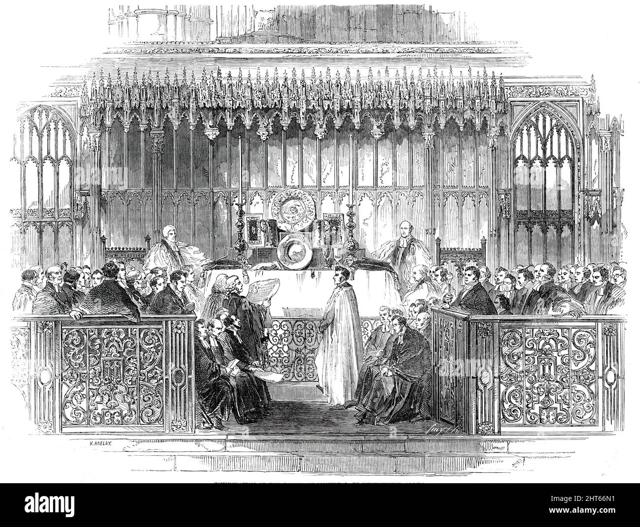 Consécration de l'évêque de Montréal, à l'abbaye de Westminster, 1850. 'À l'heure désignée (11 heures), la procession s'est formée et s'est rendue à la cathédrale. L'archevêque [de Canterbury] prit sa place du côté nord de la table sainte, les évêques de Londres et de Manchester du côté sud, Et l'évêque désigné dans un fossé nommé dans le sacrarium... le verger des canons a ensuite dirigé l'évêque désigné à la chapelle nommée, où il a été investi avec le rochet... le diocèse du Révérend Dr Fulford, le nouvel évêque, était «... le diocèse nouvellement constitué de Montréal... forme Banque D'Images