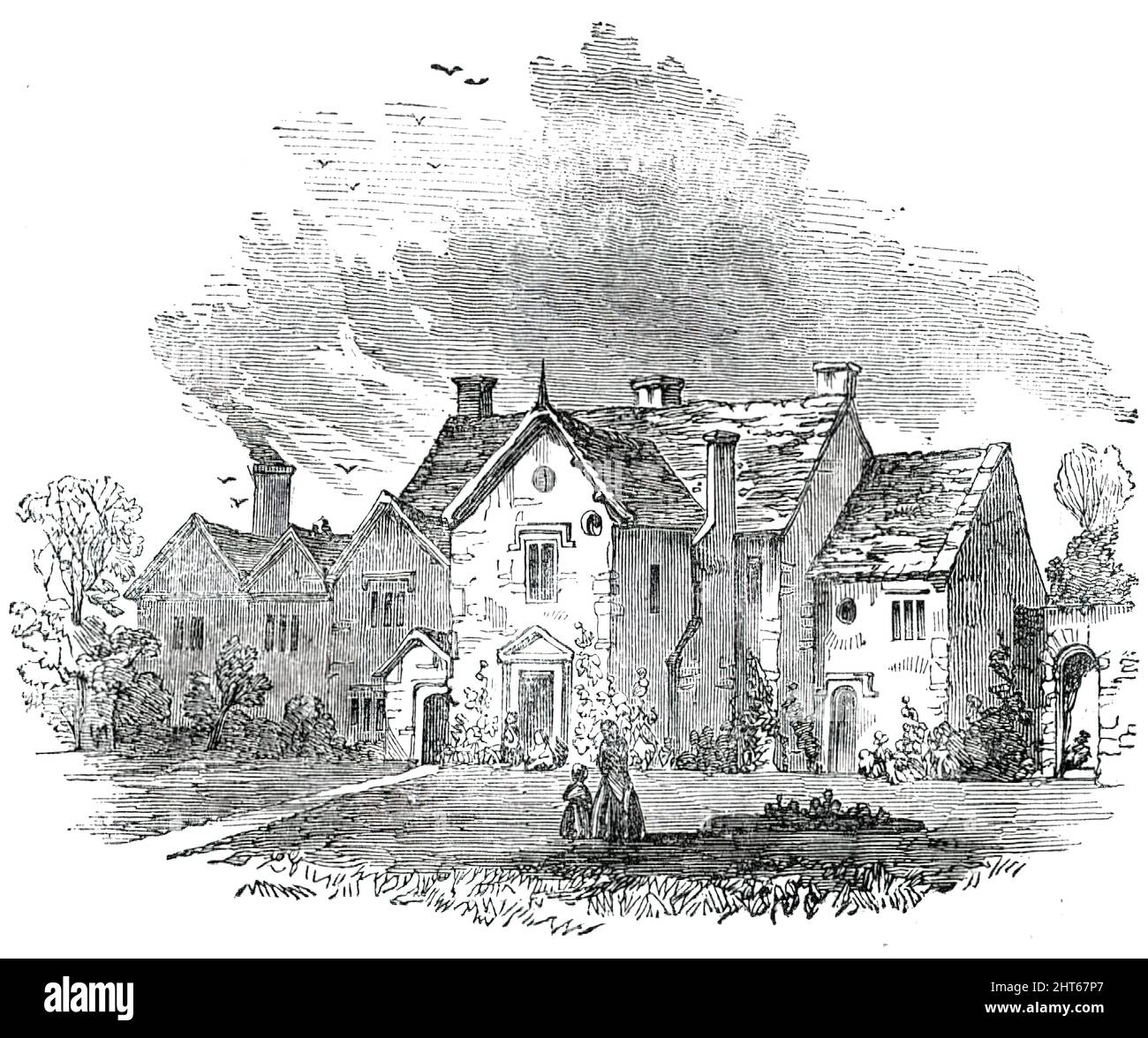 Sharpham Park, Somerset, le lieu de naissance de [Henry] Fielding le romancier, 1850. 'À Sharpham Park - lieu de naissance du père du roman anglais - étaient, jusqu'à récemment, préservé un manteau et des cuirs que Fielding portait autrefois. La plus grande partie de la maison a été reprise; la partie restante est louée comme logement agricole. Sharpham a toutefois été un lieu important: C'était à l'origine la maison de campagne de l'Abbé de Glastonbury, qui est venu par l'eau de son abbaye. Un parc à colombages bien entouré du manoir de Sharpham : de ce petit reste, la terre étant divisée, et stoc Banque D'Images