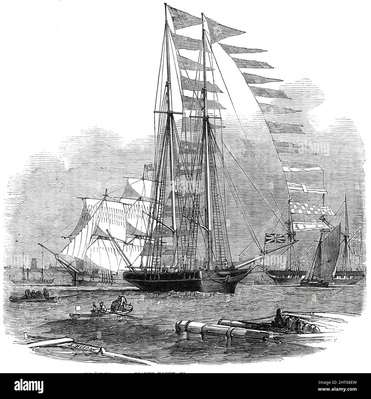 Le yacht Schooner "Titania", construit pour M. Robert Stephenson, C.E., 1850. « Dans l'eau, la Titania ressemble beaucoup aux bermudas... elle a l'air longue, basse et rakish, avec ses deux hauts mâts inclinés considérablement vers l'arrière... elle est formée sur le principe de vague de M. Scott Russell, et est à bien des égards très remarquable. Elle est entièrement en fer, et la plus grande partie de son ballast est construite dans le navire, de manière à en faire presque partie. Elle possède également l'extraordinaire espace, ou capacité à l'intérieur, pour les cabines et l'hébergement... l'aspect extérieur du navire est un Banque D'Images