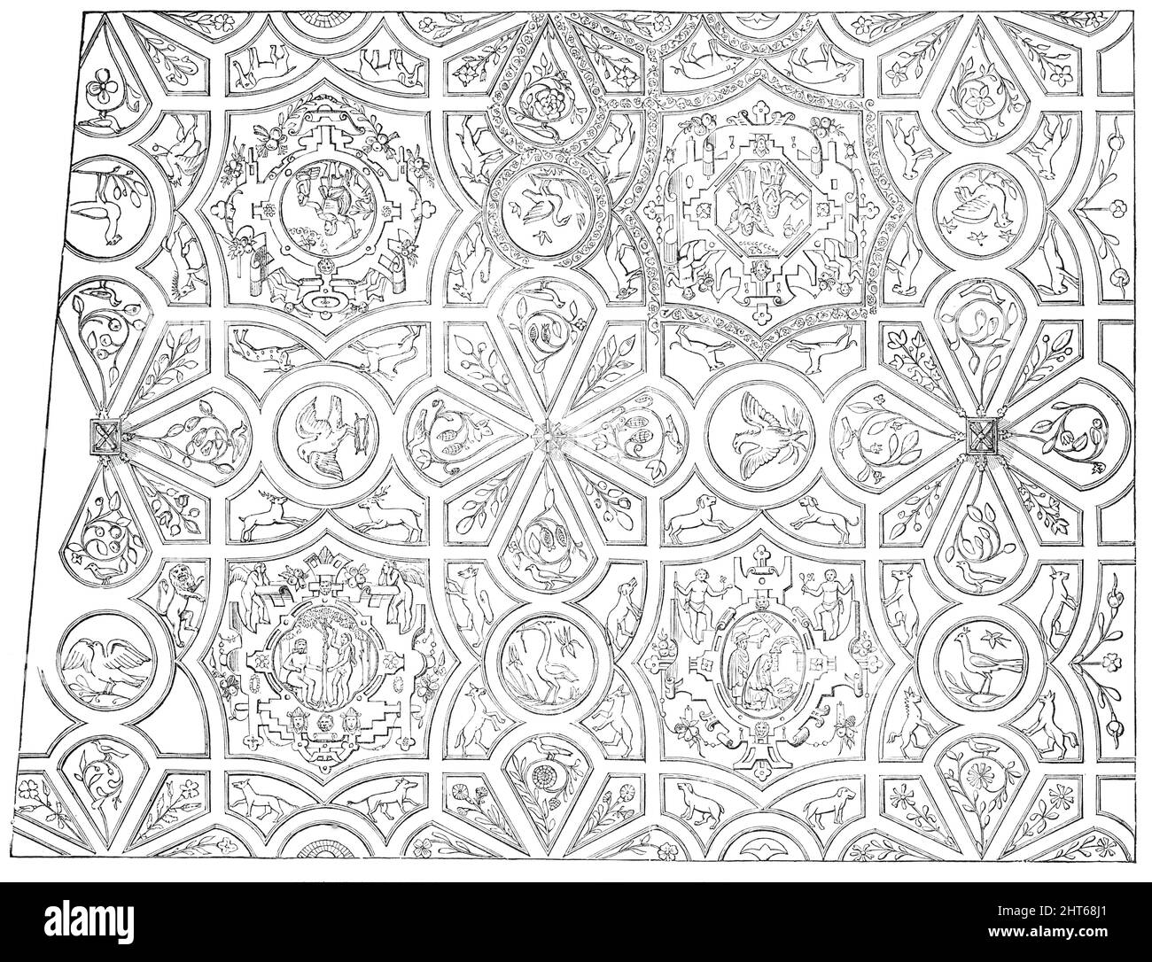 Plafond élisabéthain au Red Lion Inn, Barnstaple [Devon] - dessiné par M. H. H. Sharland, 1850. '...partie d'un plafond pittoresque et décoré avec soin... les cadres des quatre sujets de l'écriture se donnent des leçons précieuses à diverses classes d'ornamentistes; indeed...it seront admis que c'est un spécimen de choix de goût et de compétence anciens anglais. La date (coupée sur la petite figure assise dans l'un des pendentifs) est JVLY, 1629...Lyson, dans sa "Magna Britannia" (Devon), dit, "le Lion d'Or... aurait été une maison de ville des Earls de Bath. Les bras Banque D'Images