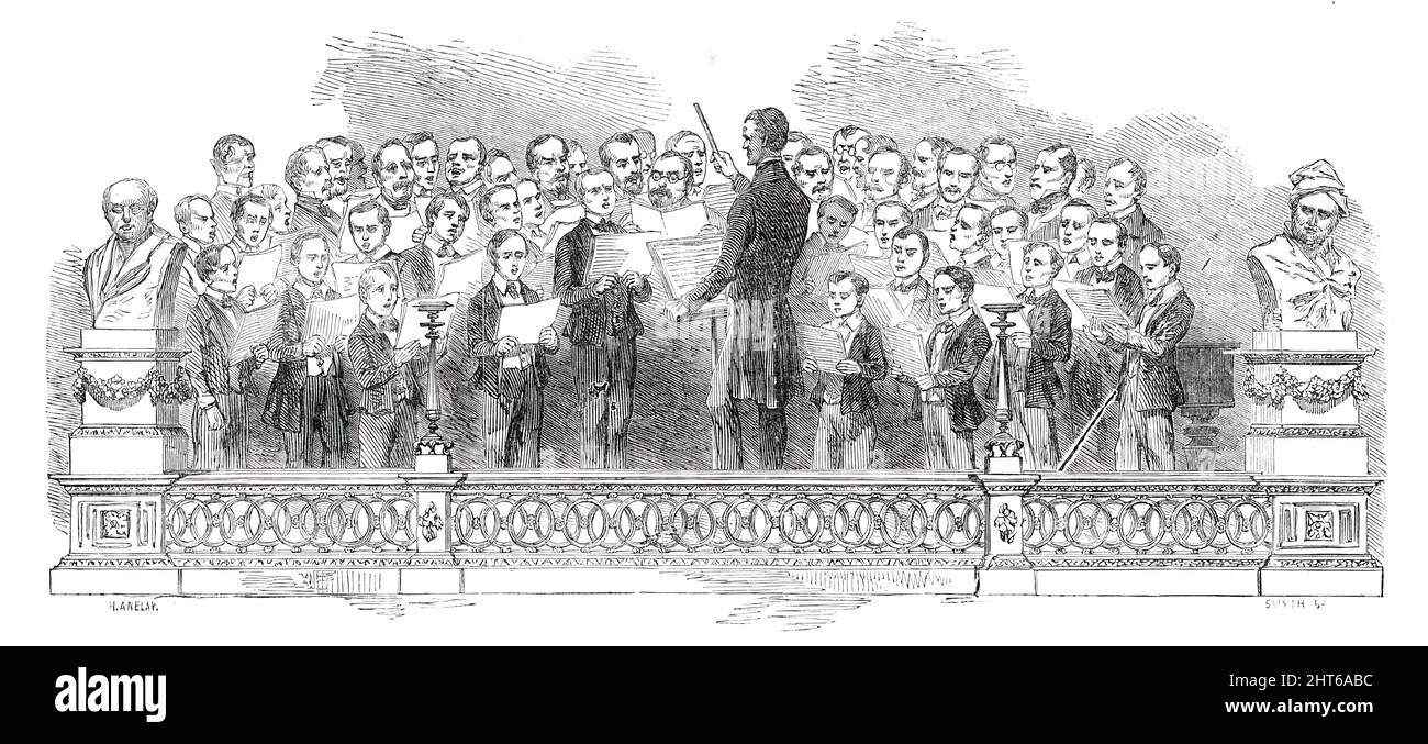 Concerts nationaux au théâtre de sa Majesté [Londres] - The Berlin Choir, 1850. "La pureté et l'excellente qualité des voix, l'excellence classique du style, la merveilleuse précision en prenant les points, l'intonation parfaite, l'exactitude du temps, le beau mélange du tout dans l'enflure et la diminution des harmonies magnifiques, Tout à fait électrifié l'ouïe... le chœur se compose de soixante-dix voix à Berlin. Elle est soutenue à la seule charge du roi de Prusse. Les garçons qui sont admis dans le chœur sont instruits en composition, ou ils peuvent choisir un instru Banque D'Images