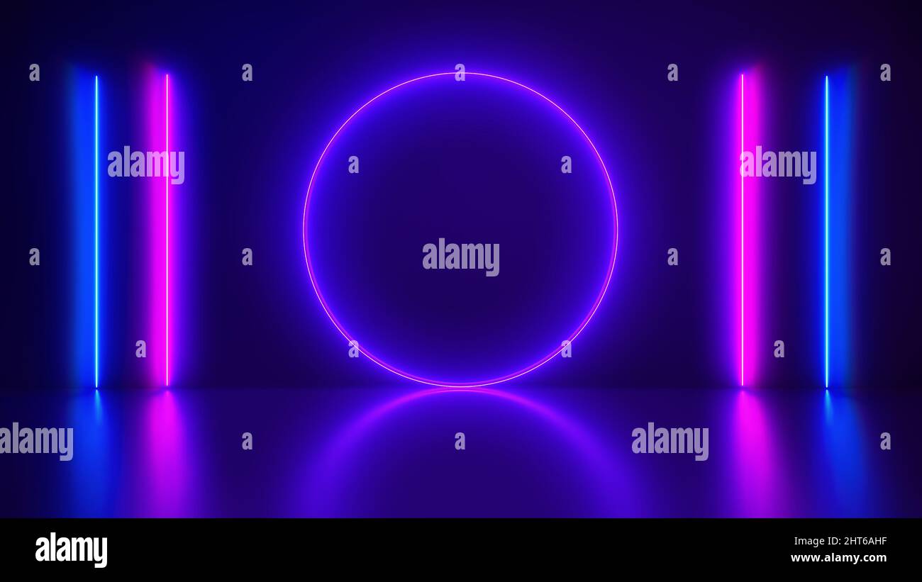 Arrière-plan abstrait néon, laser en cercle et lignes en rose et bleu spectre couleurs vives, lignes lumineuses néon lumières, réalité virtuelle, P rond Banque D'Images