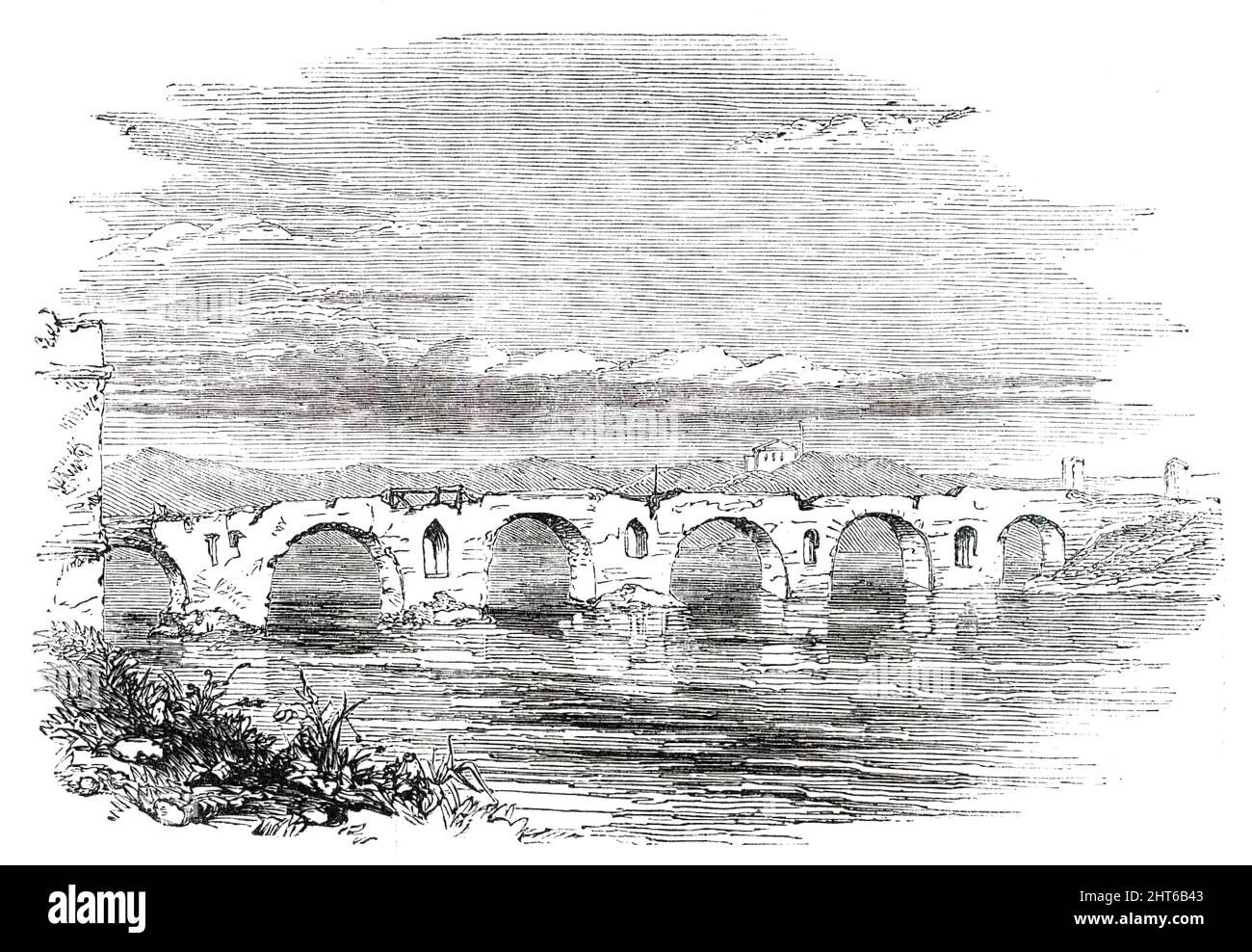 Ponte molle - Rome, 1850. 'À l'extérieur des murs de la ville, au nord, et à environ trois kilomètres le long du Tibre, le ruisseau est traversé par le célèbre Ponte molle, l'ancien Pons Milvius, si célèbre dans l'histoire romaine. C'est ici que Cicéron a causé à être arrêté, selon un schéma préconcerté, les ambassadeurs Allobrogiens, qui ont été impliqués dans la conspiration de Catiline; et c'est aux Pons Milvius que Constantine le Grand, hissant le standard chrétien ou Labarum, a complètement routé les forces de son adversaire Maxentius. Les jetées et les arches sont tout ce qui reste de l'ancienne structure, la chauve-souris Banque D'Images