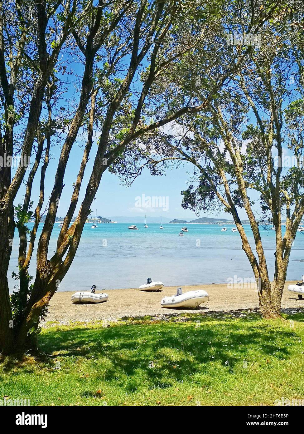 Plan vertical d'une plage de sable blanc avec des bateaux gonflables sur le sable vu entre les arbres Banque D'Images