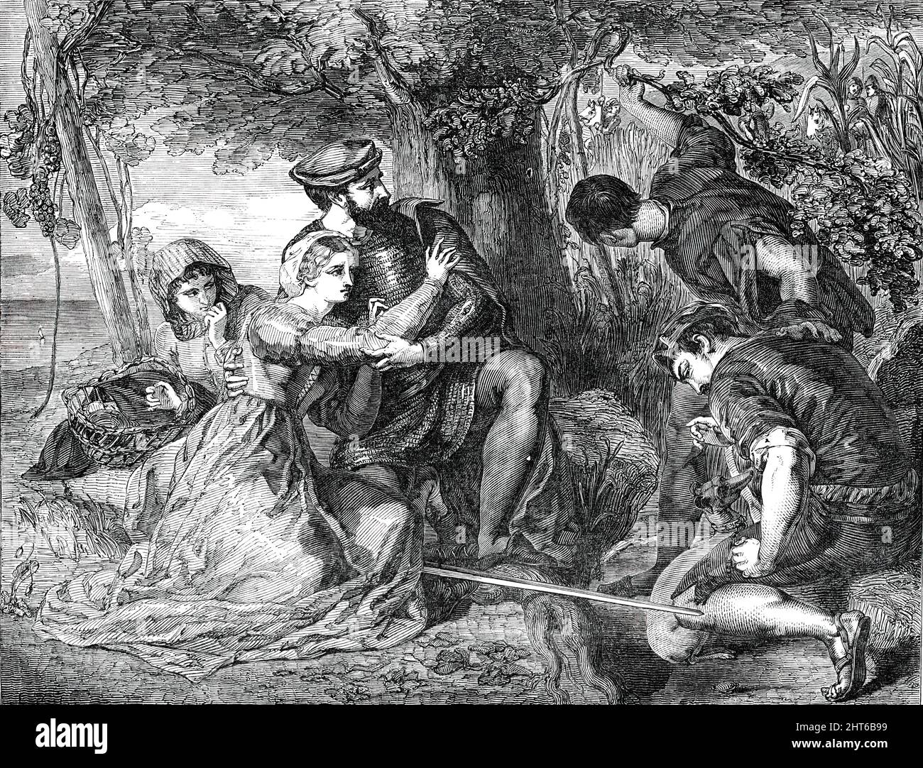 N° 376. - "Francesco Novello di Carrara et la Dame Taddea s'évadent des émissaires de Galeazzo Visconti" - peint par J. C. Hook, 1850. Exposition à la Royal Academy de Londres. "Dans la classe de l'Histoire, nous avons "l'évasion de Francesco Novello di Carrara, seigneur de Padoue, avec Taddea d'Este, sa femme", peint par M. Eastlake pour la Galerie Vernon; et le même sujet, différemment, mais de manière compétente, traité par M. J. C. Hook. M. Eastlake les représente dans un col de montagne difficile; M. Hook, tout en cherchant un abri dans un épaissis. Nous avons gravé la photo de M. Hook, comme une prope Banque D'Images