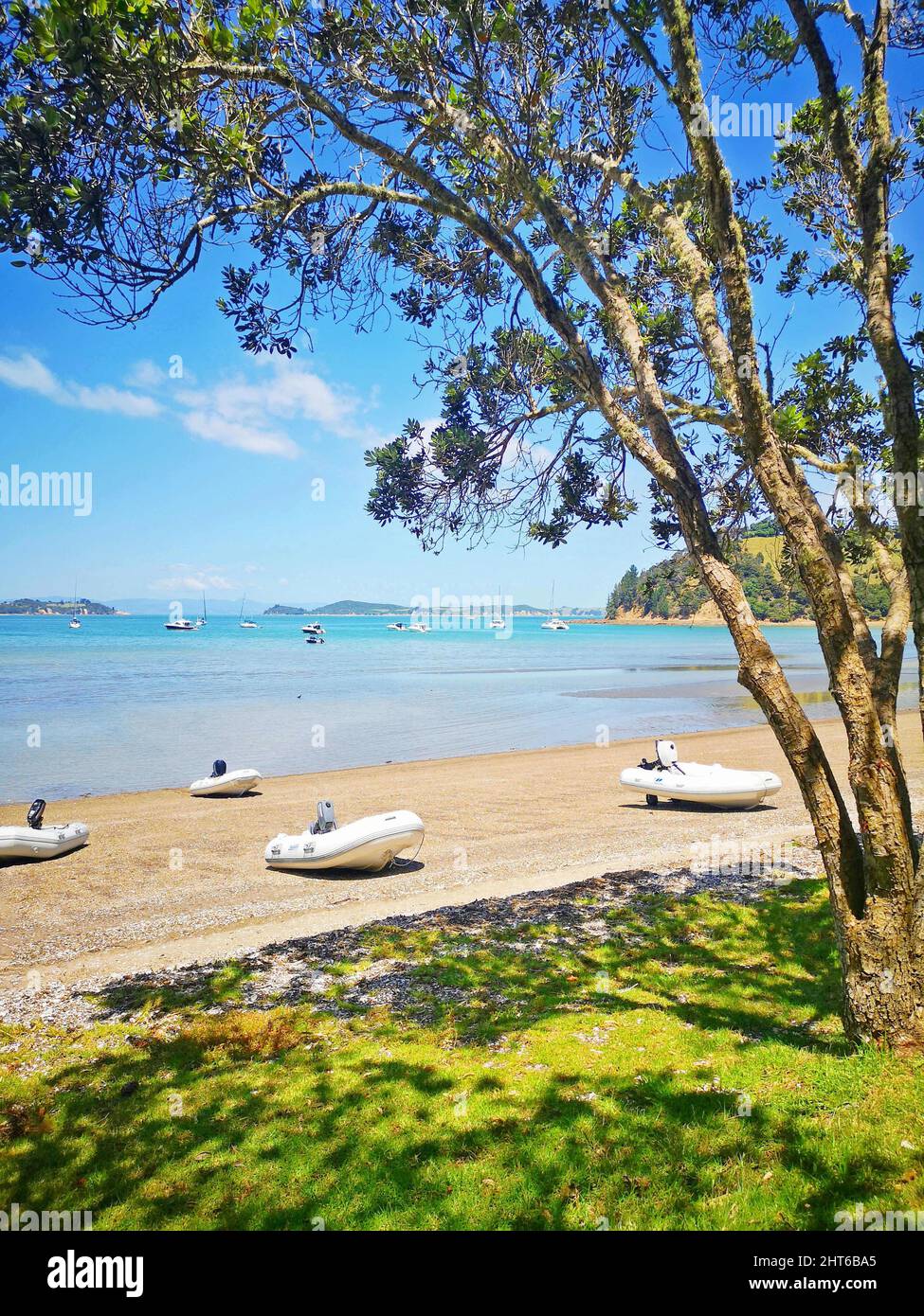 Plan vertical d'une plage de sable blanc avec des bateaux gonflables sur le sable vu d'un champ d'herbe Banque D'Images