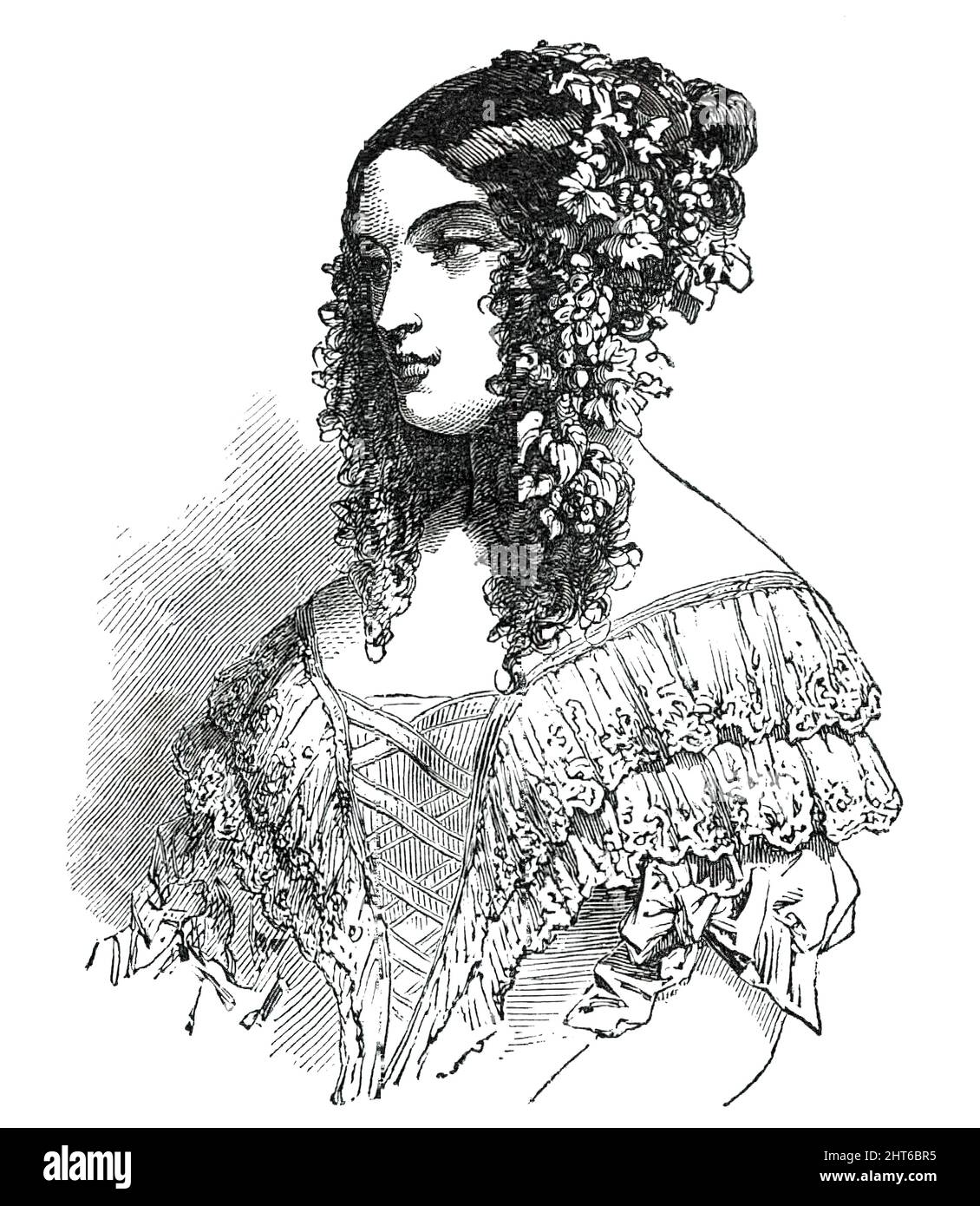 Paris mode pour juin - Robe de bal, 1850. '...un costume de bal, avec une robe de tête gracieuse, composé d'une guirlande de vigne avec des raisins: De chaque côté porte un bouquet de raisins (plusieurs petits pains sont préférés). La nouveauté de cette année est à observer dans la longueur des branches, qui descendent sur les épaules, se mélangeant avec de longues boucles. Cette robe-tête est également portée avec des bandeaux, mais ensuite la guirlande doit être plus épaisse dans la partie inférieure. Les feuilles sont de couleurs différentes, des différentes nuances de vert à la teinte rouge automnale. Ce genre de guirlande est également fait de lierre, avec de petites boules rouges. Banque D'Images