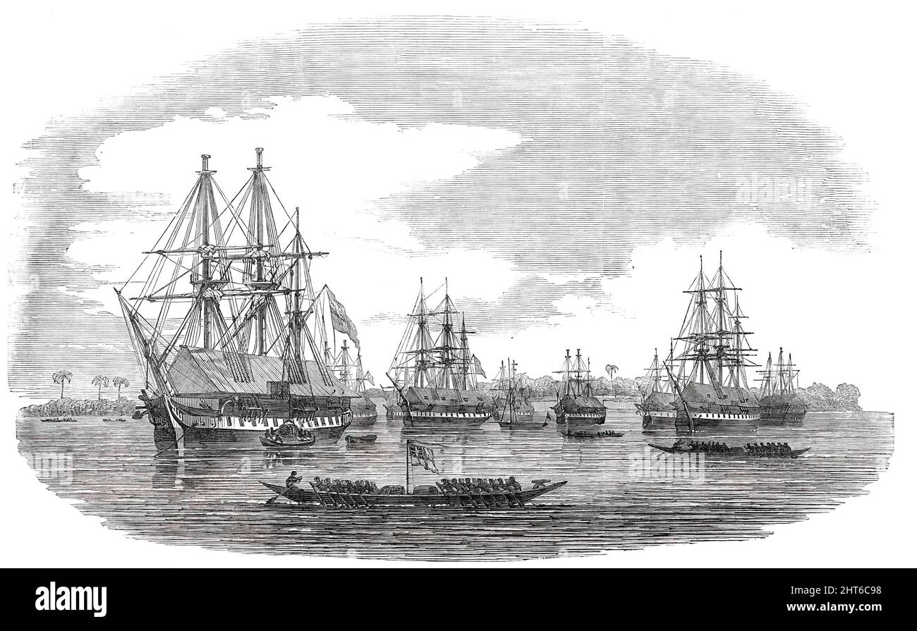 L'Anchorage au large de la ville de Bonny River, 1850. Les navires britanniques au large des côtes de l'Afrique de l'Ouest : montrant «... la manière confortable et fraîche de loger ces navires ; c'est une sorte de tapis fournis depuis le rivage, et le fait des avoir deux tiers en haut des mâts donne beaucoup de ventilation et de protection contre le soleil. Cela coûte environ xa3;70 en marchandises. Bonny était à une époque le principal marché des esclaves qui, selon la déclaration du capitaine Adams, y étaient vendus au nombre annuel de 20 000, dont la plus grande partie a été ramenée du pays Eboe. La ville est... entourée par un pays marécageux, o Banque D'Images