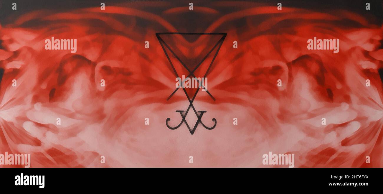 Sigil de Lucifer sur un fond abstrait, nuage fumé rouge, œuvre d'art sur le thème de l'ésotéricisme Banque D'Images