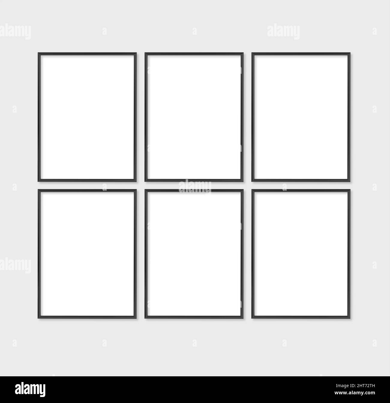La disposition du cadre est de 3x4, 30x40. Ensemble de trois cadres noirs fins. Maquette murale galerie, jeu de 6 cadres. Propre, moderne, minimaliste, lumineux. Port Banque D'Images