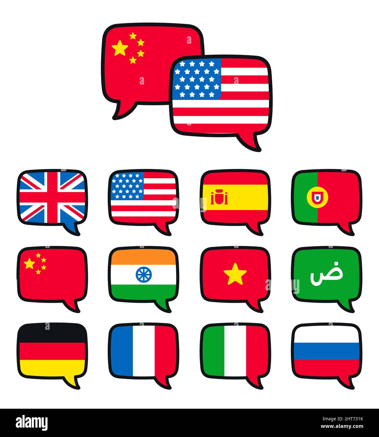 Langues icônes de bulle de parole. Drapeaux vectoriels de style caricature. Traduction, communication et dialogue international. Illustration de Vecteur
