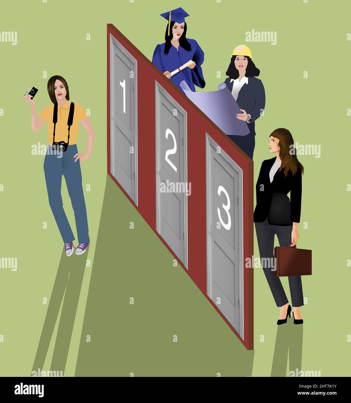 Trois types de personnes de carrière sont vues derrière les portes comme une autre personne a décidé quel chemin de caret choisir dans cette illustration de 3-d. Banque D'Images
