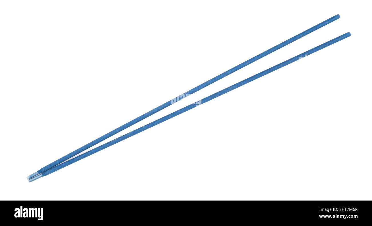 Deux électrodes bleues pour le soudage électrique des métaux isolés sur du blanc. Vue de dessus. Banque D'Images
