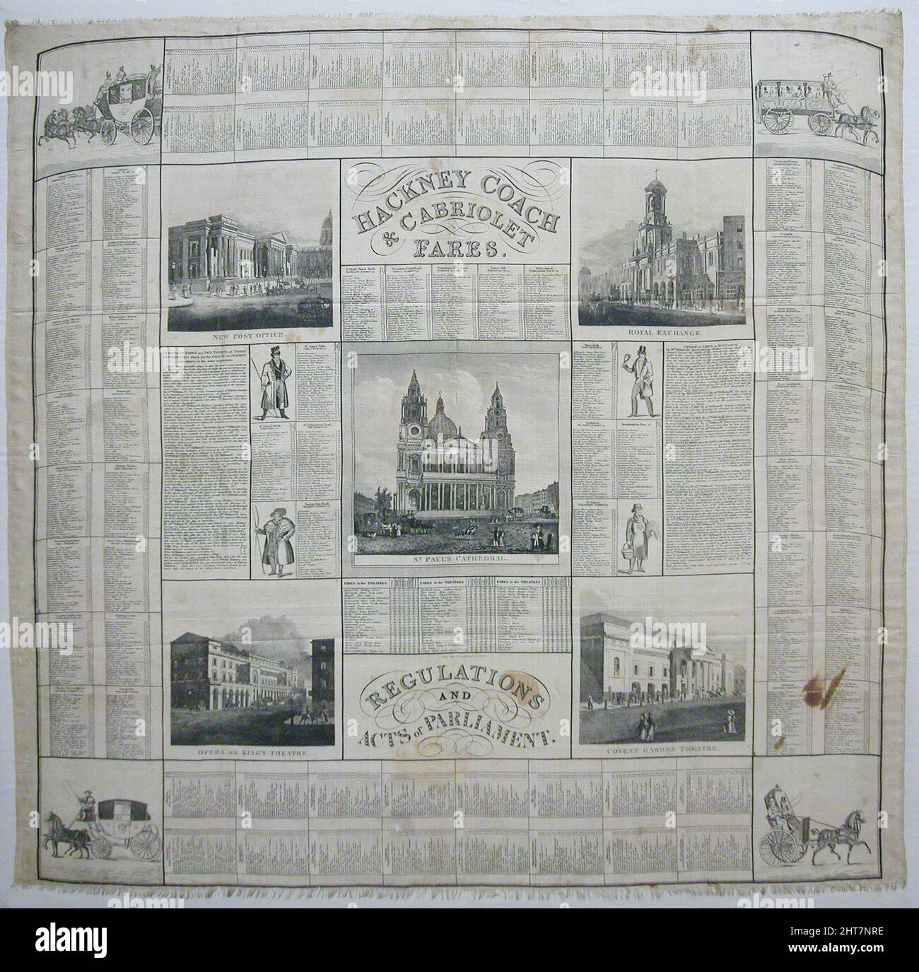 Hackney Coach and Cabriolet Fares/ Regulations and Act of Parliament (Handkerchief), Londres, 1832. Banque D'Images