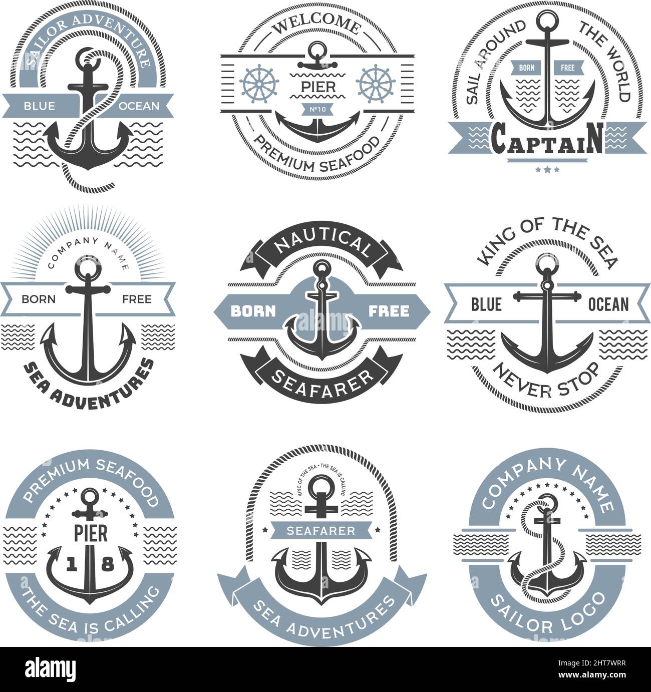 Logo nautique. Des étiquettes marines avec des symboles d'ancrage pour l'identité d'entreprise d'exploration de l'océan définissent des modèles de vecteur récents pour les voyageurs du monde entier Illustration de Vecteur