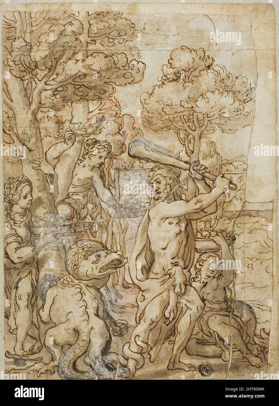 Hercules qui laque le Serpent Ladon dans le jardin des Hesperides, N.D. Banque D'Images