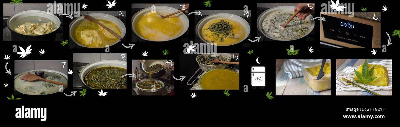 Manuel d'instructions pour la cuisson du beurre de marijuana avec photo et fond noir numéroté Banque D'Images