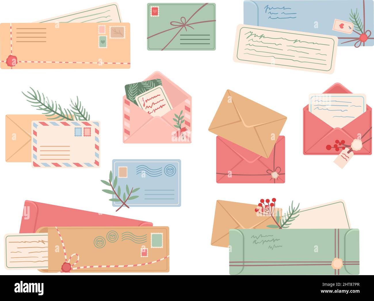 Collecte des enveloppes. Courrier postal et cartes postales, boîte à lettres faite à la main. Enveloppes décoratives vintage avec cartes. Mignon écrire des messages de voeux, propre Illustration de Vecteur